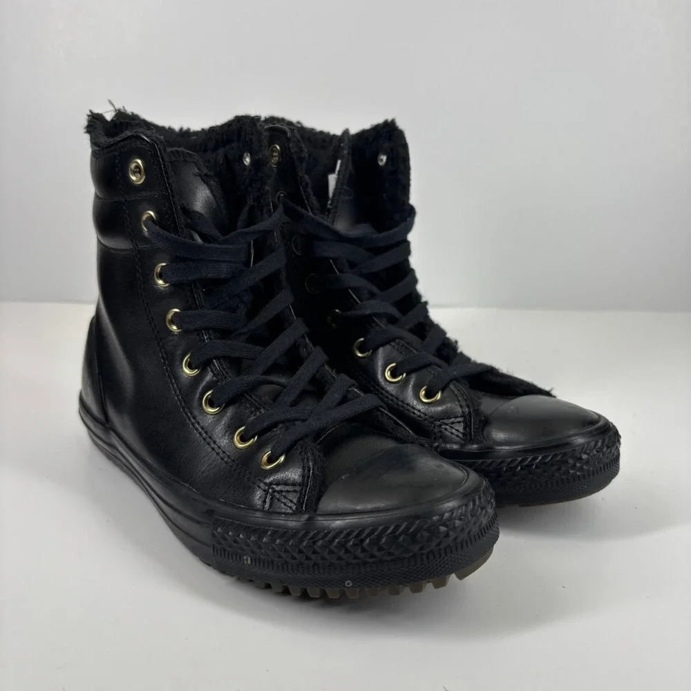 Converse Chuck Taylor All Star Hi-Rise Junior US 3/EU 35 Black Leather Fur Boots